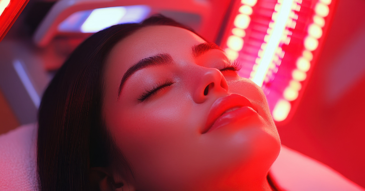 Woman receiving Red Light Therapy in St. George, UT, with eyes closed and skin illuminated by LED panel for facial rejuvenation