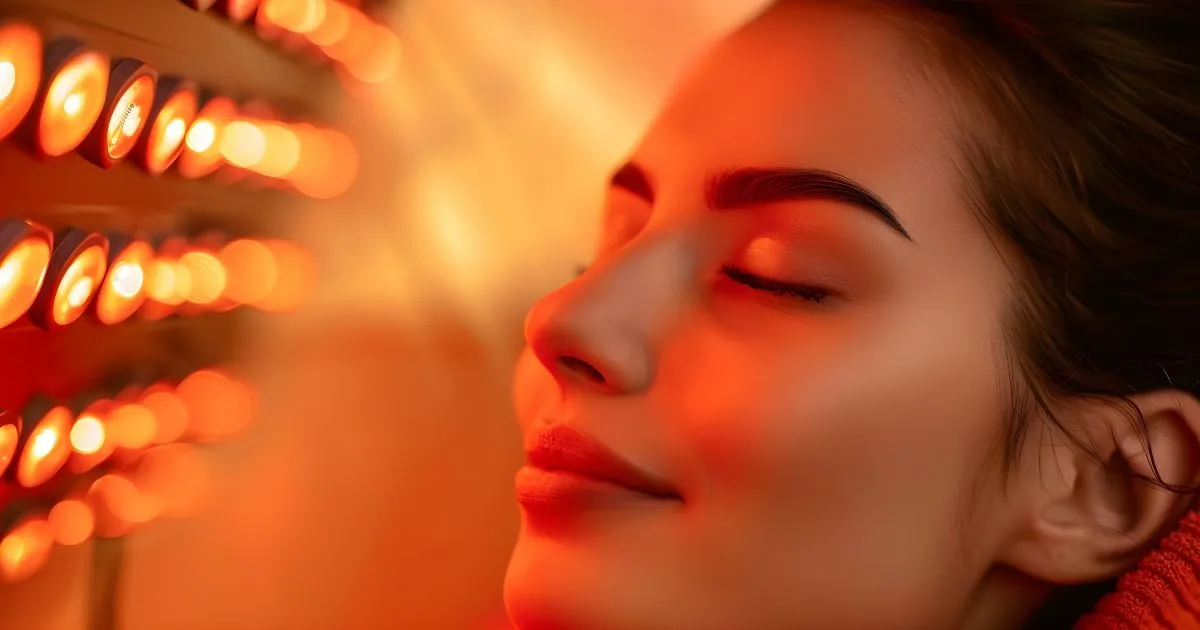 Close-up of a woman receiving Red Light Therapy for skin treatment to reduce wrinkles and improve skin tone